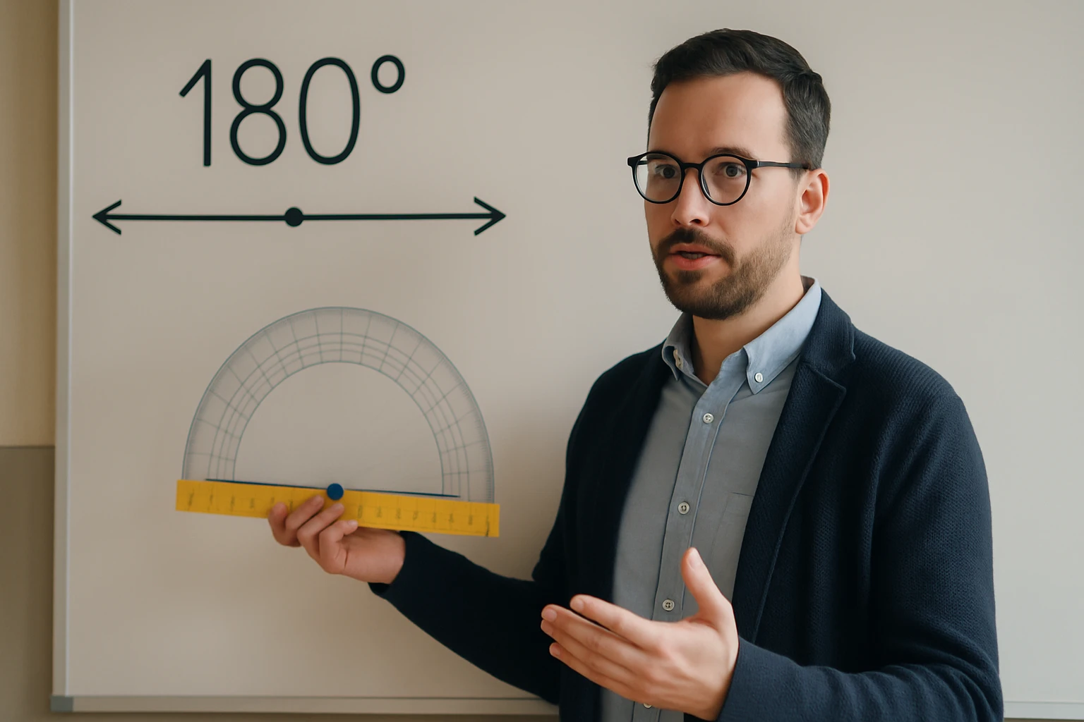 Egy férfi 180 fokos szöget mutat egy vonalzóval és protractorral.