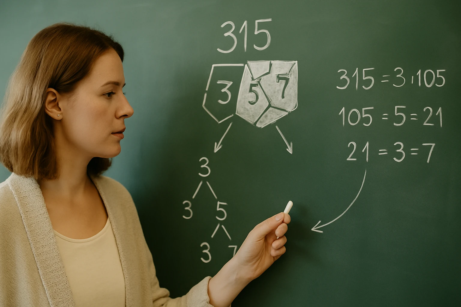 Egy nő a táblán a 315 szám faktorizálását mutatja be, matematikai lépésekkel.