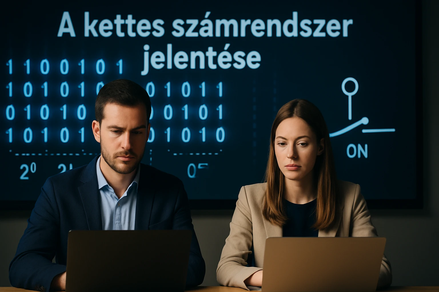 Két ember ül egy asztalnál, számítógépeik előtt, háttérben bináris kód.