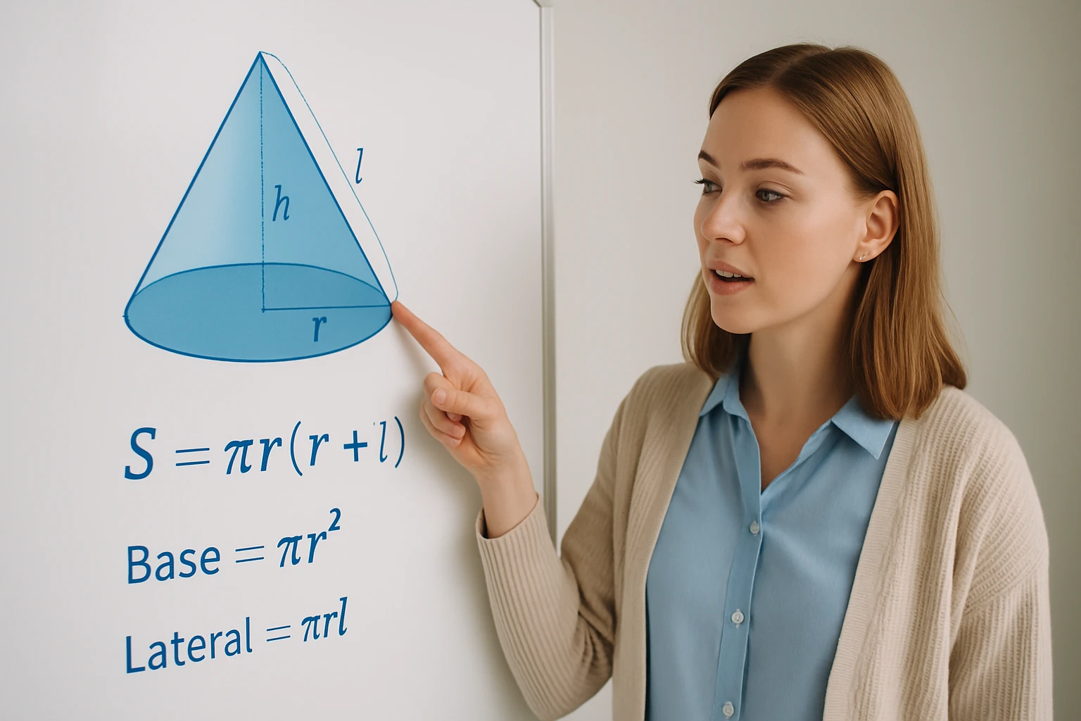 Egy nő egy kúp térfogatának és felszínének képletét mutatja be.
