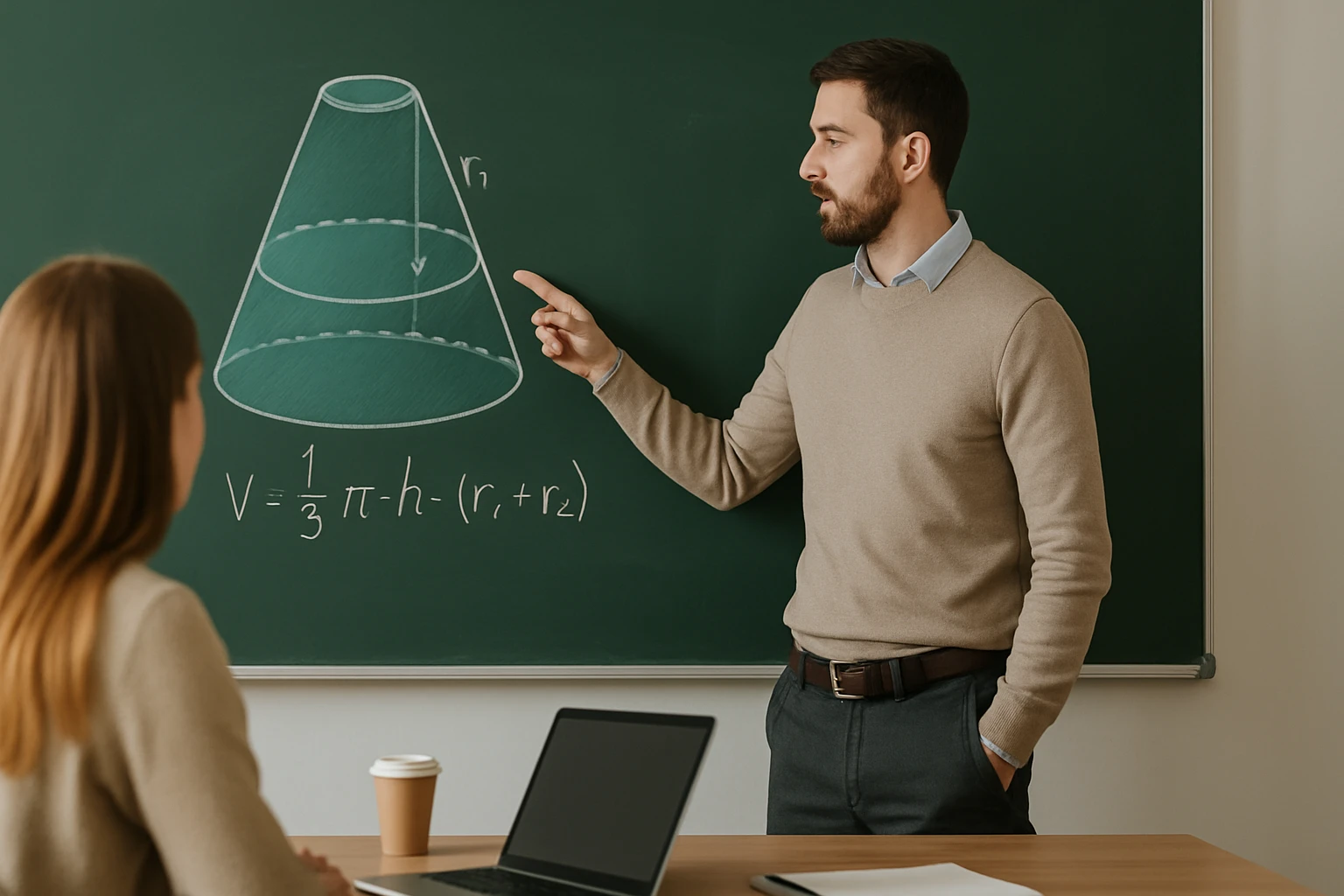 Egy tanár a táblán egy kúp térfogatának képletét magyarázza.