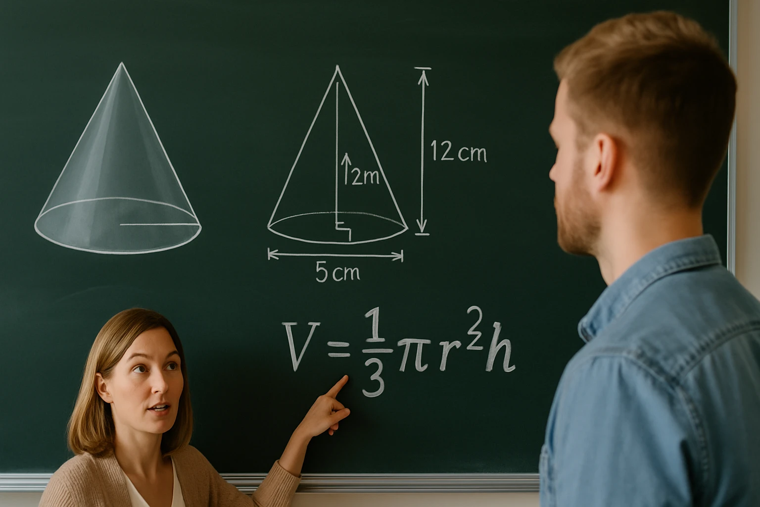 Egy nő a táblán a kúp térfogatának képletét mutatja, miközben egy férfi figyel.