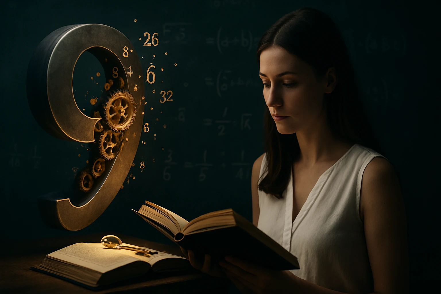 Egy nő olvas egy könyvet, mellette lebegő számok és fogaskerekek láthatók.