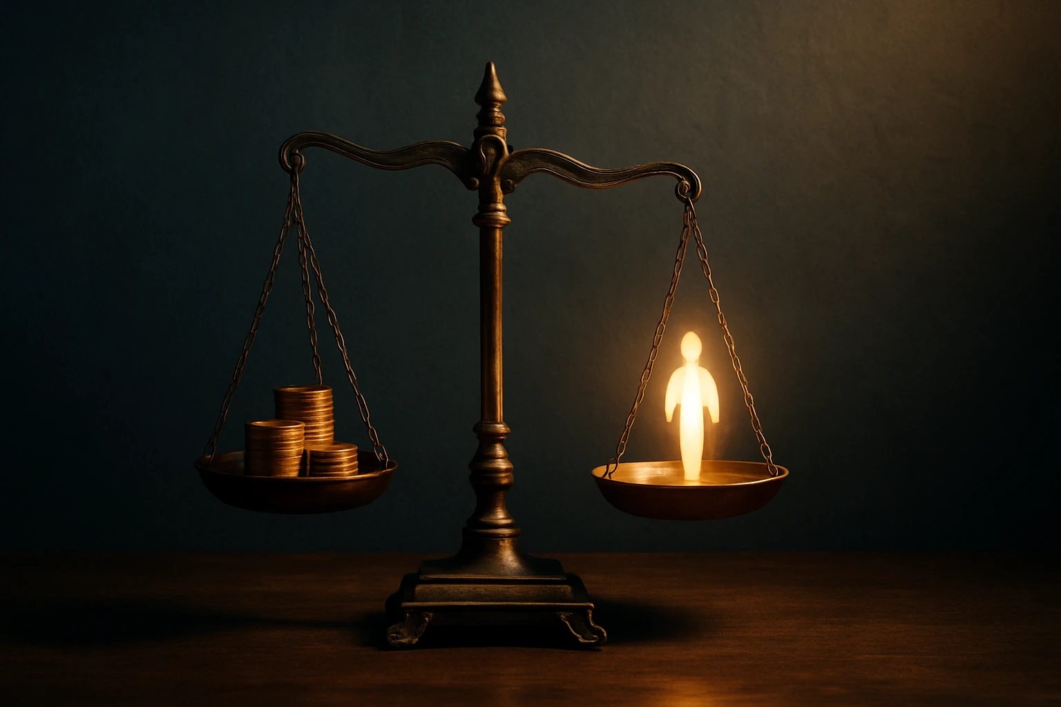 Egy mérleg, egyik oldalán pénzérmék, másikon egy világító figura.