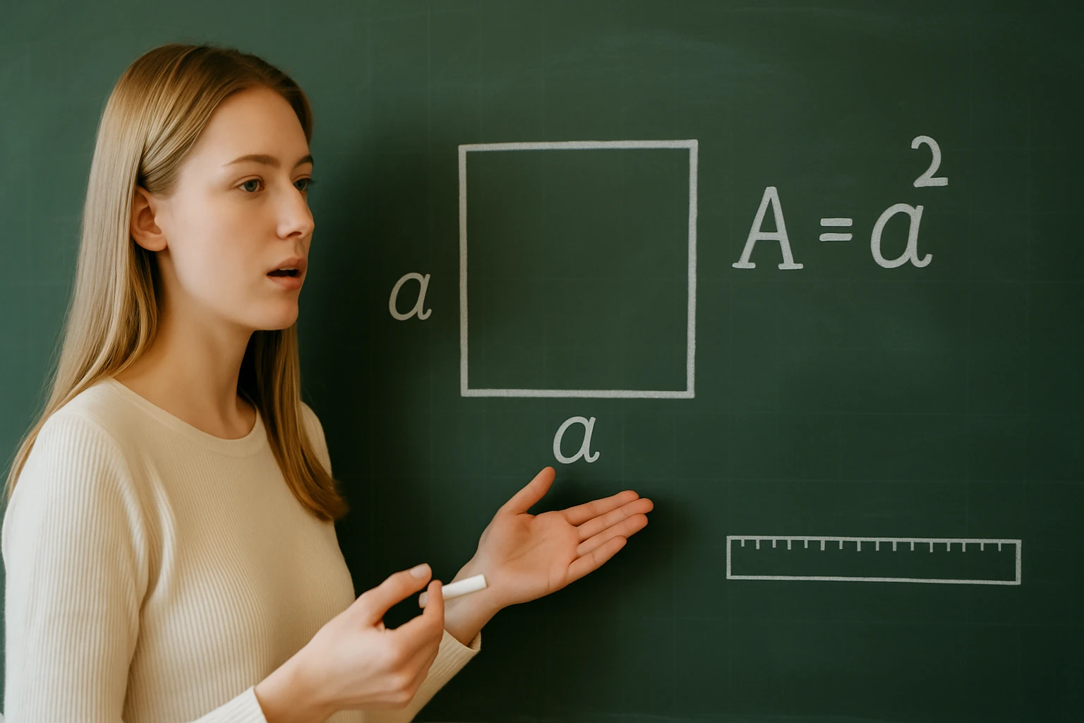 Egy fiatal nő a táblán a négyzet területének képletét magyarázza.