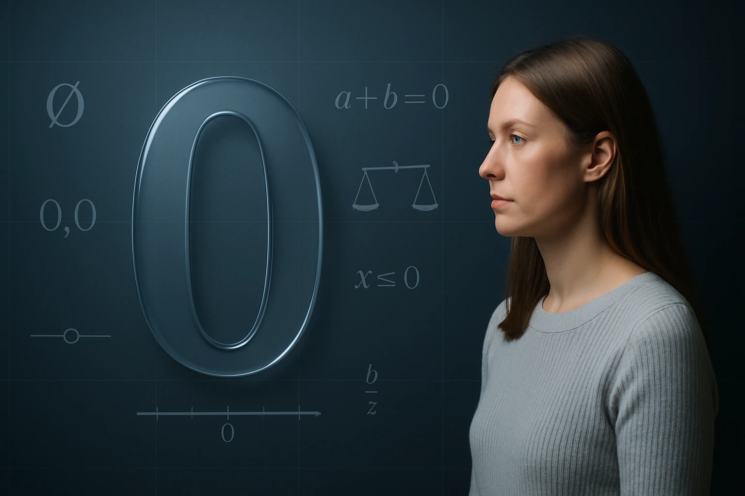 Egy nő profilja látható, mellette egy nagy, áttetsző nulla szám és matematikai egyenletek.