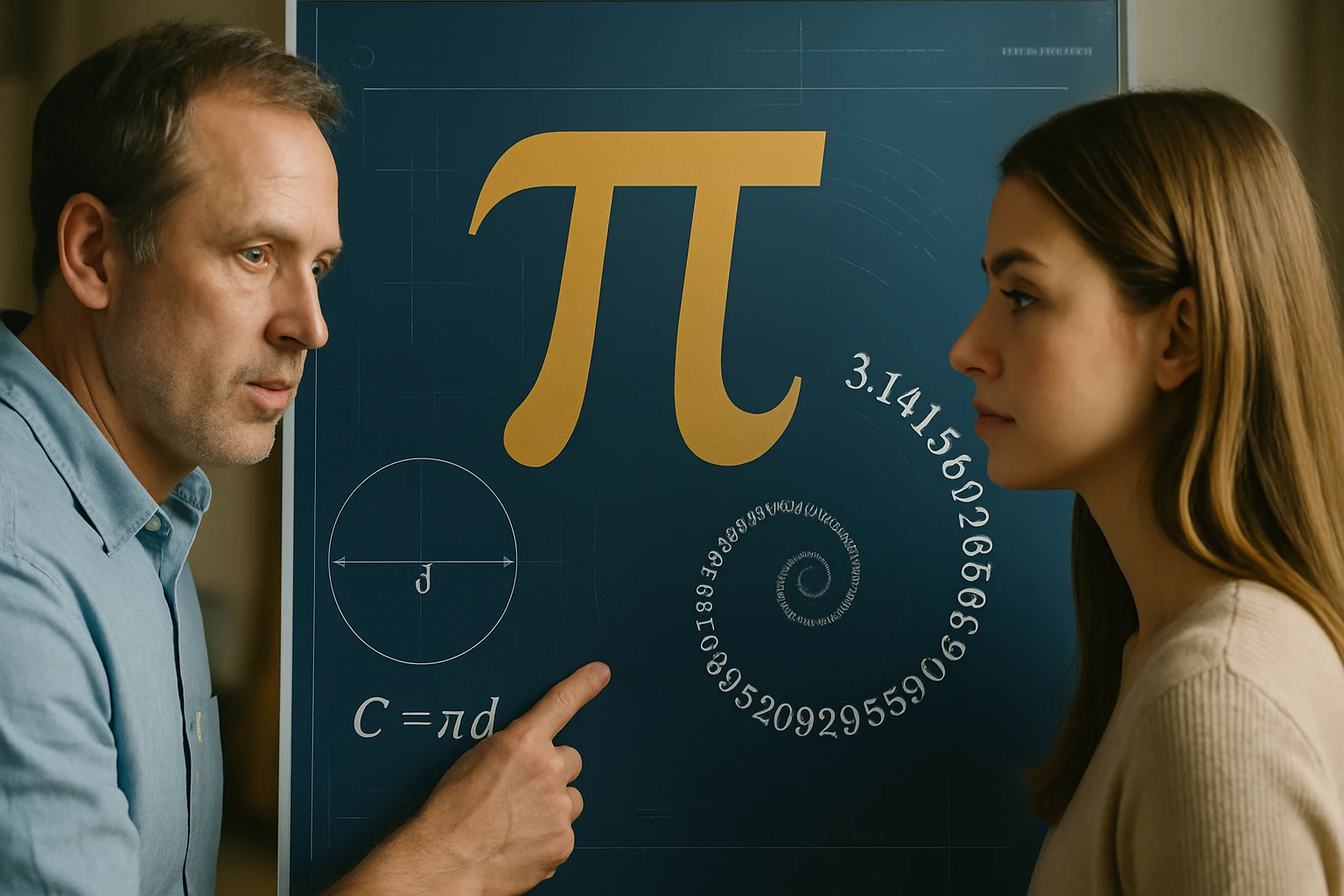 Egy férfi és egy nő beszélget a pi számról, háttérben matematikai ábrák.