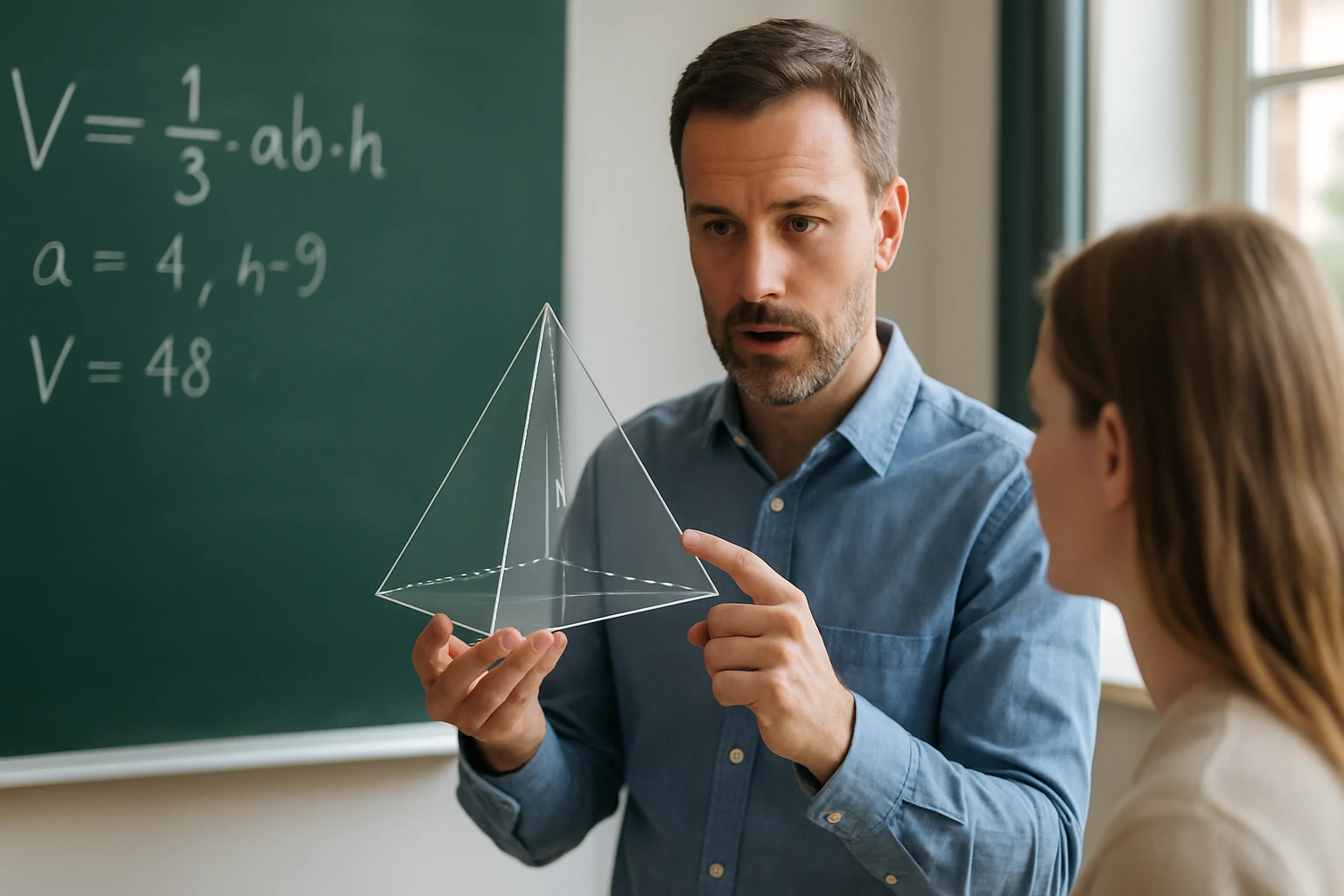Egy tanár egy átlátszó piramist mutat a diákjának a táblánál.