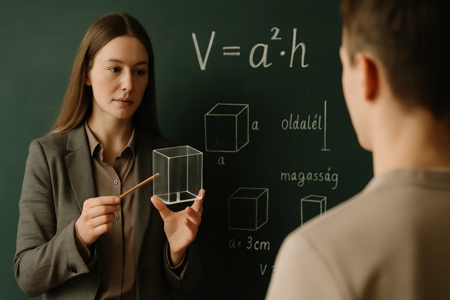 Egy tanárnő egy átlátszó kockát tart a kezében, miközben a térfogat képletét magyarázza.
