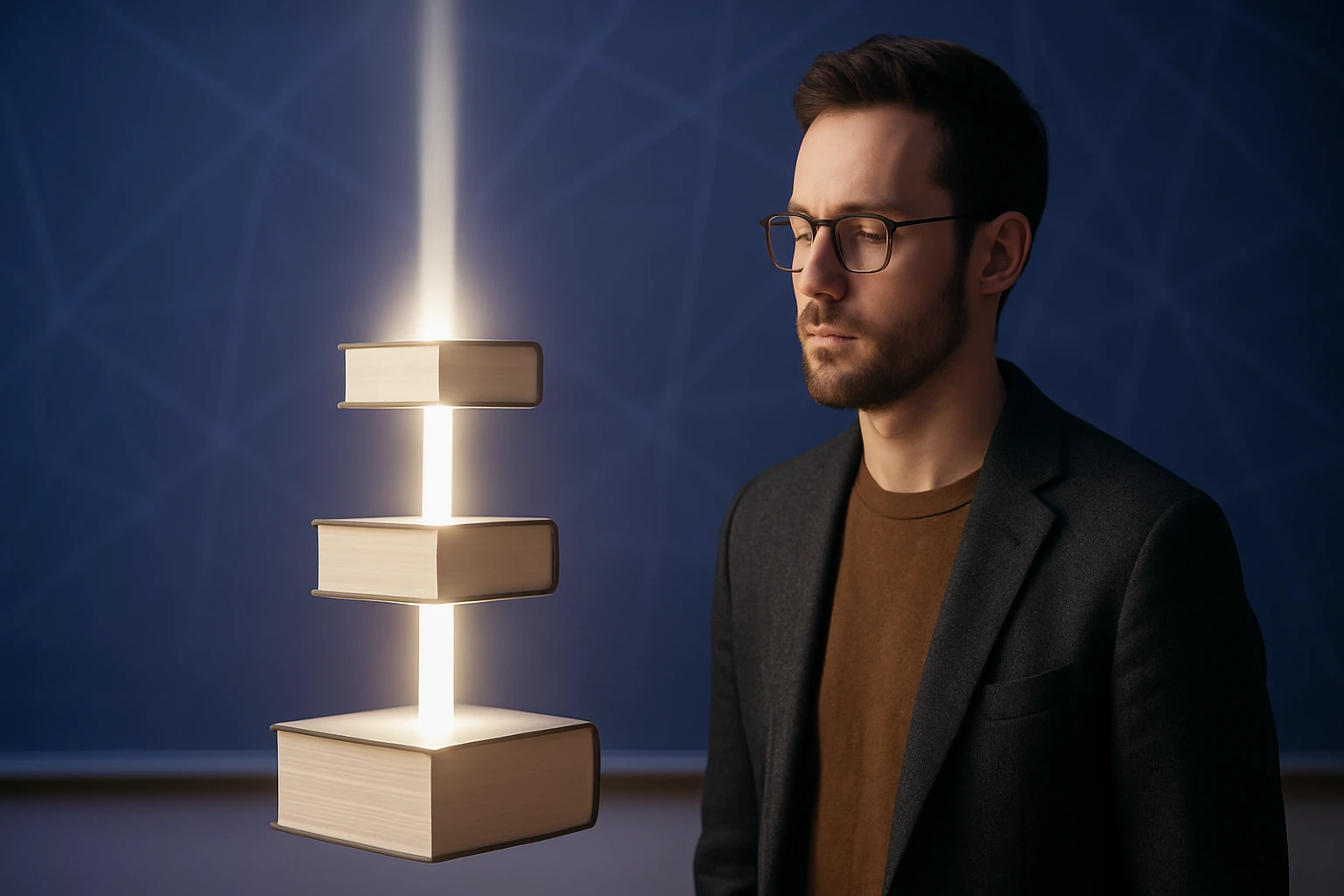 Egy férfi meditál, miközben lebegő könyvek világítanak a feje felett.