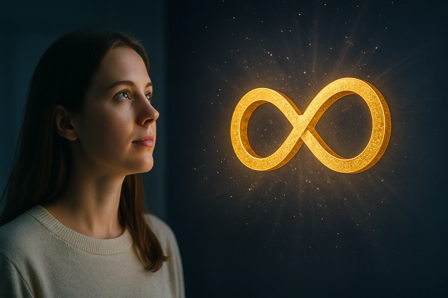 Egy fiatal nő néz egy arany végtelen jelet, amely fénylik a sötét háttér előtt.