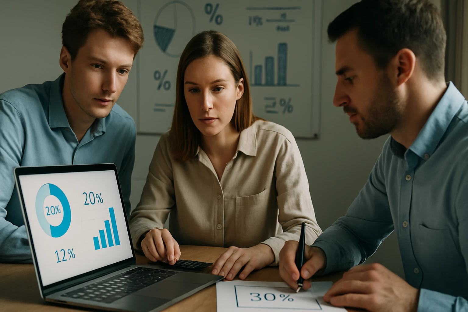 Három fiatal felnőtt egy laptop előtt ül, grafikonokat és adatokat elemznek.