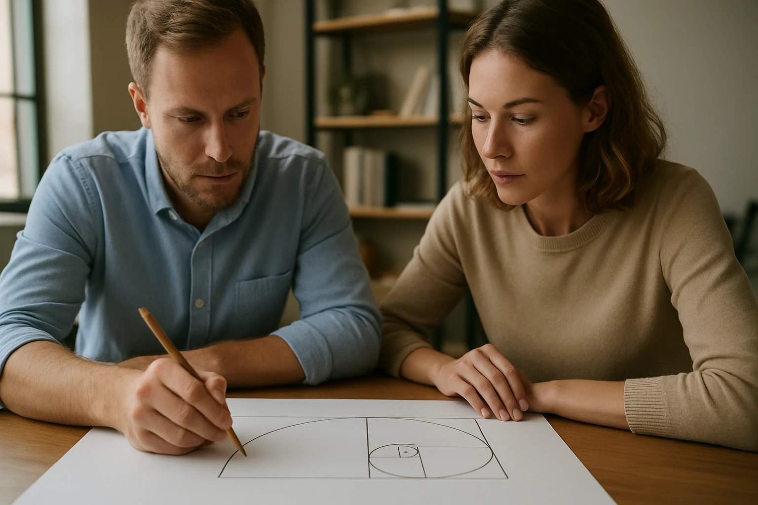 Két ember egy asztalnál, aranymetszés mintát rajzolnak papírra.