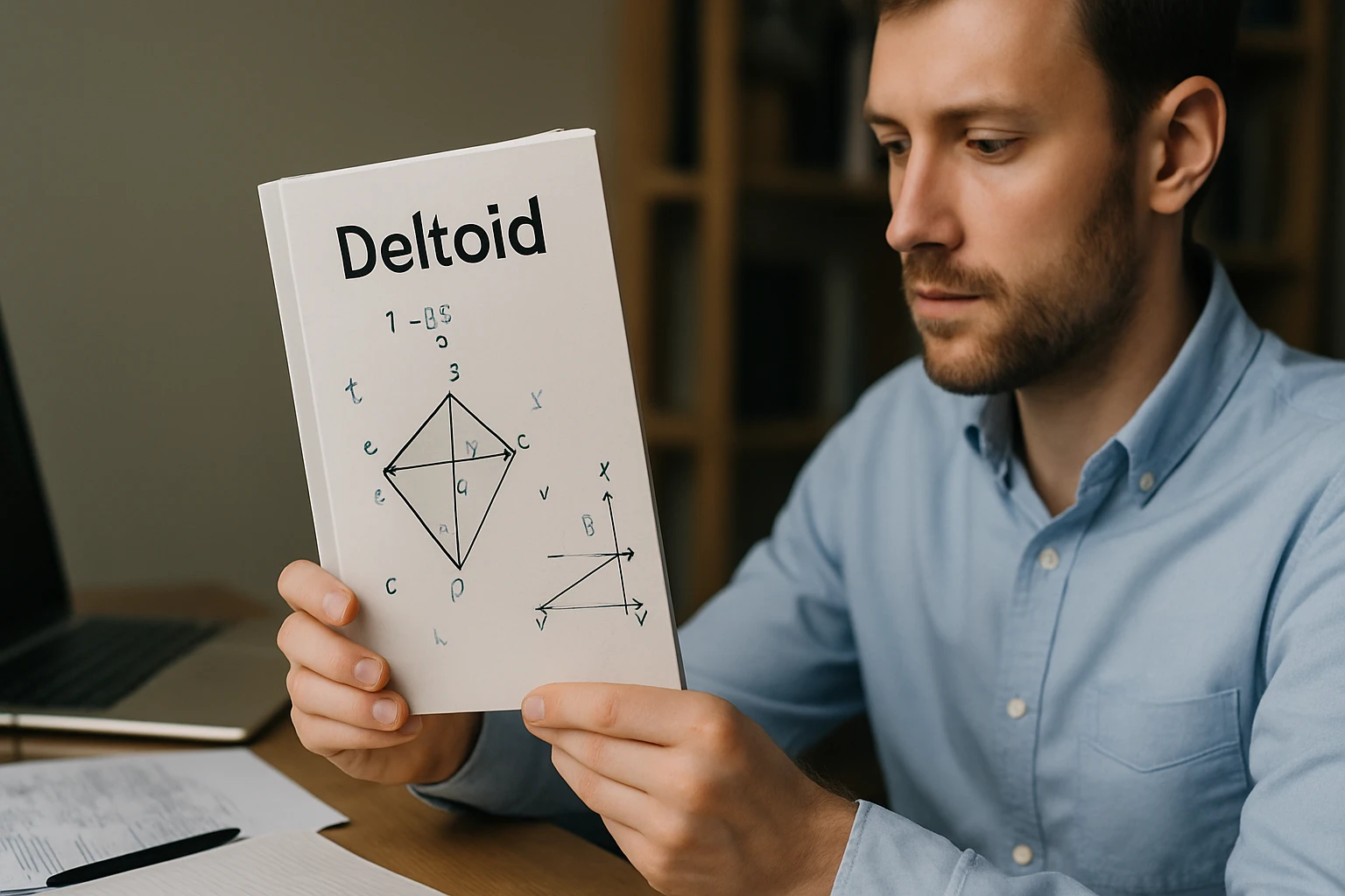 Egy férfi a Deltoid című könyvet tartja a kezében, matematikai ábrákkal.