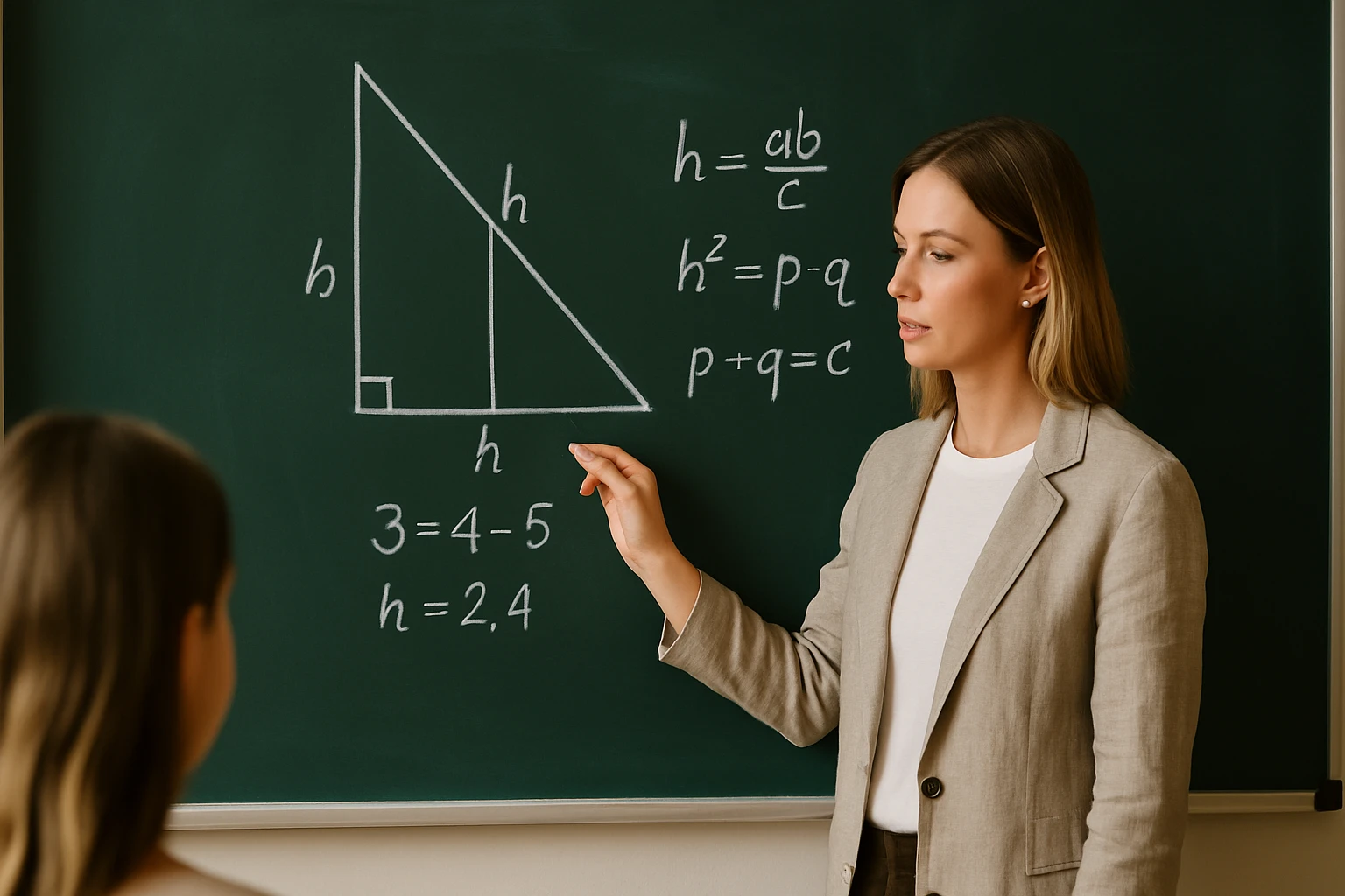 Egy tanárnő a táblánál magyaráz egy derékszögű háromszöget és képleteket.