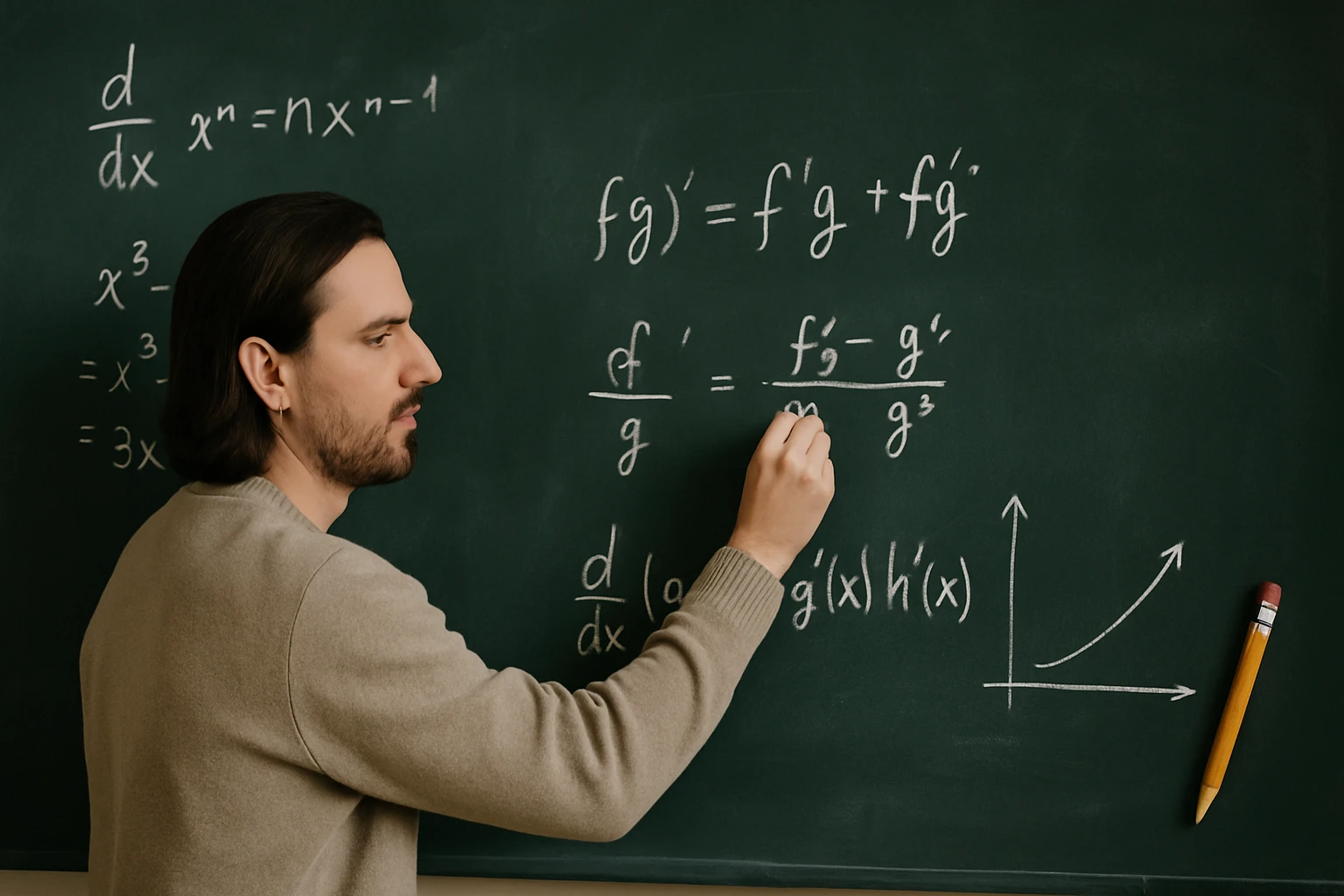 Egy férfi matematikai képleteket ír a táblára, a differenciálás témájában.