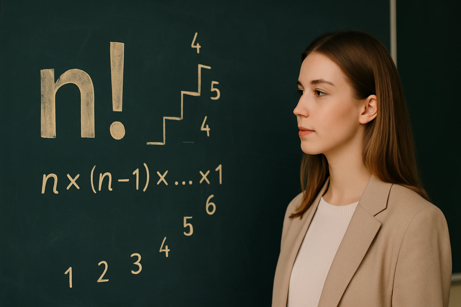 Egy fiatal nő néz egy táblára, ahol a faktoriális képlete látható.