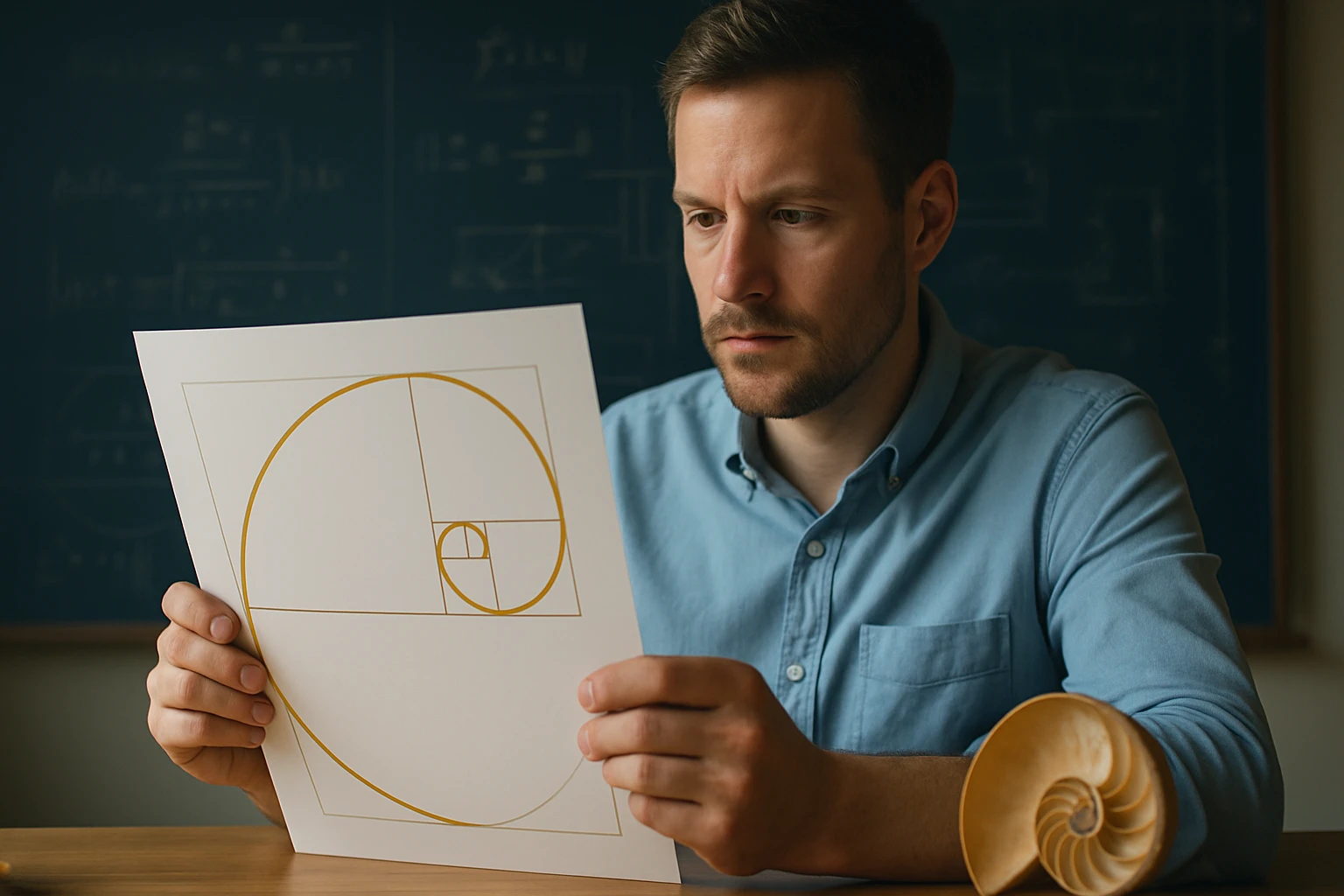 Egy férfi a Fibonacci spirál és aranymetszés ábráját nézi.