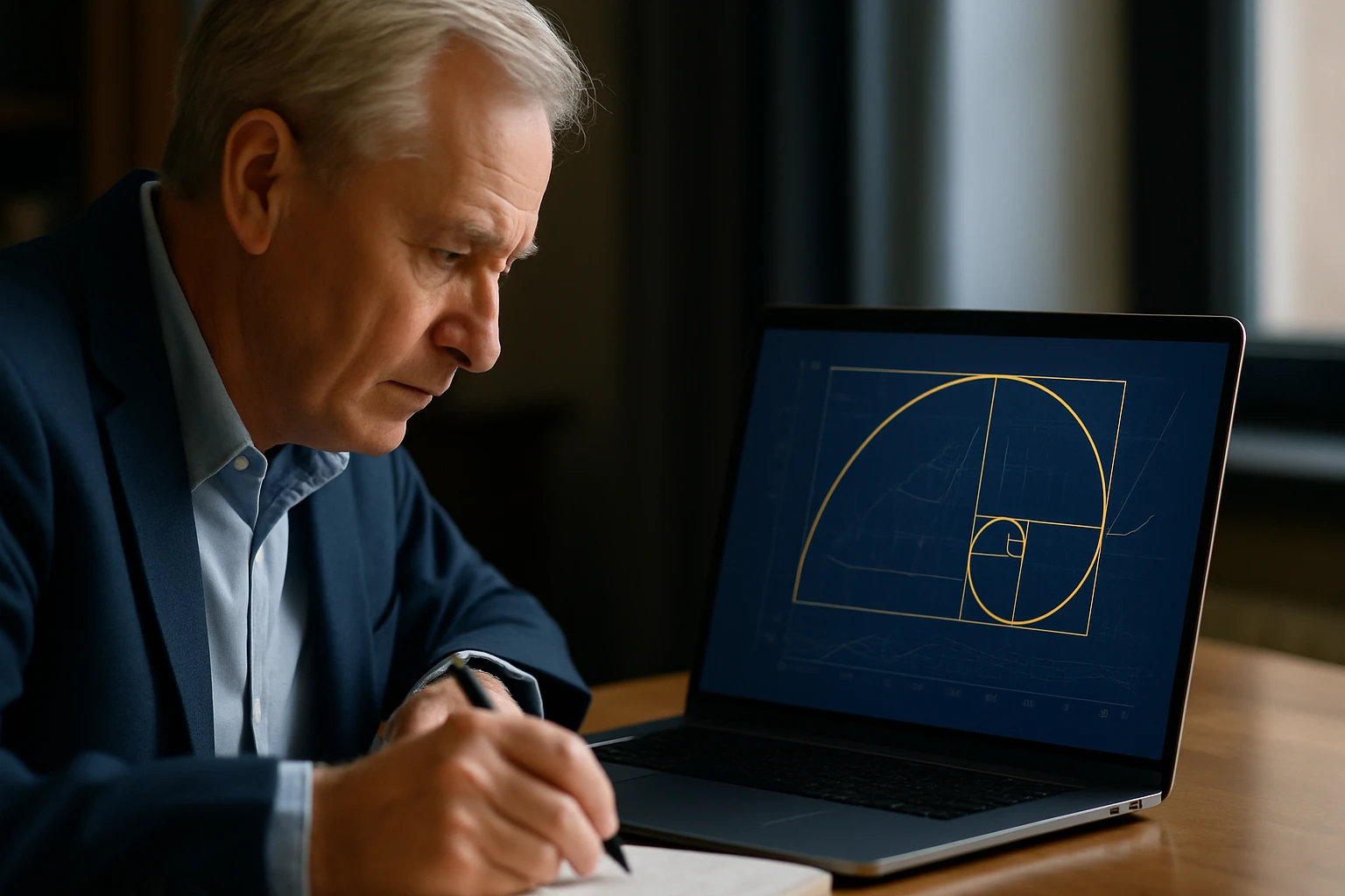Egy férfi figyelmesen nézi a laptopján a Fibonacci spirált.