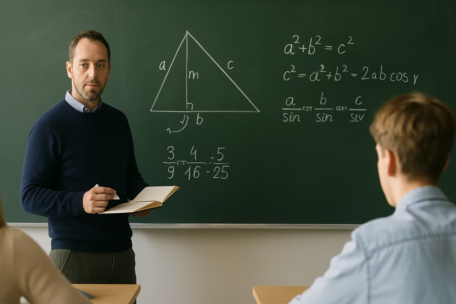 Egy tanár geometriai ábrát magyaráz a táblán, diákok figyelnek.