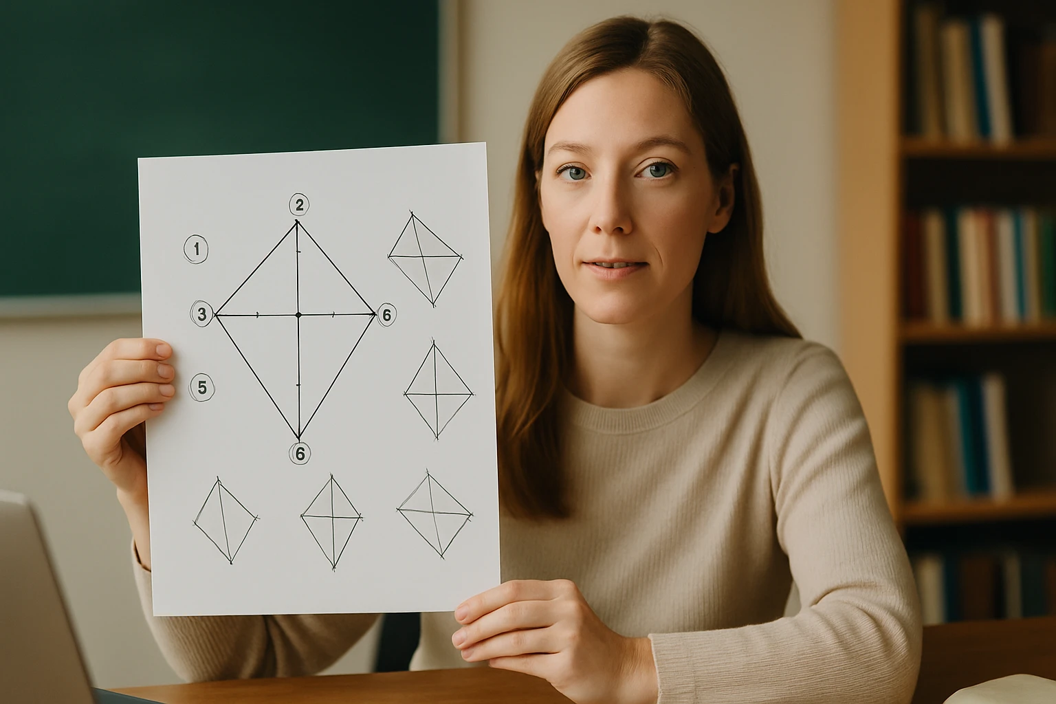 Egy nő geometriai ábrákat mutat be, amelyek különböző sokszögeket ábrázolnak.
