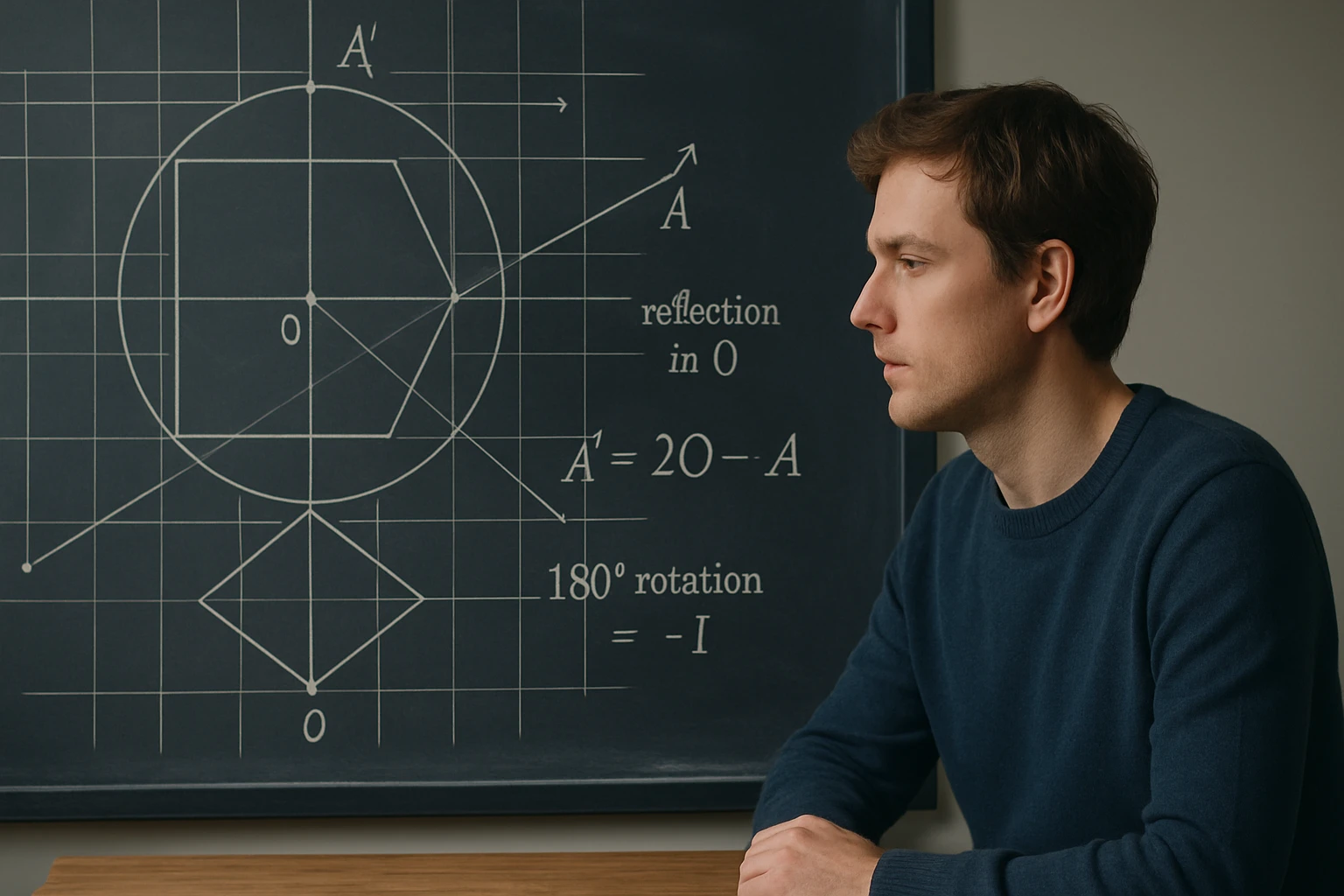 Egy fiatal férfi ül egy asztalnál, mögötte geometriai ábrák láthatók.