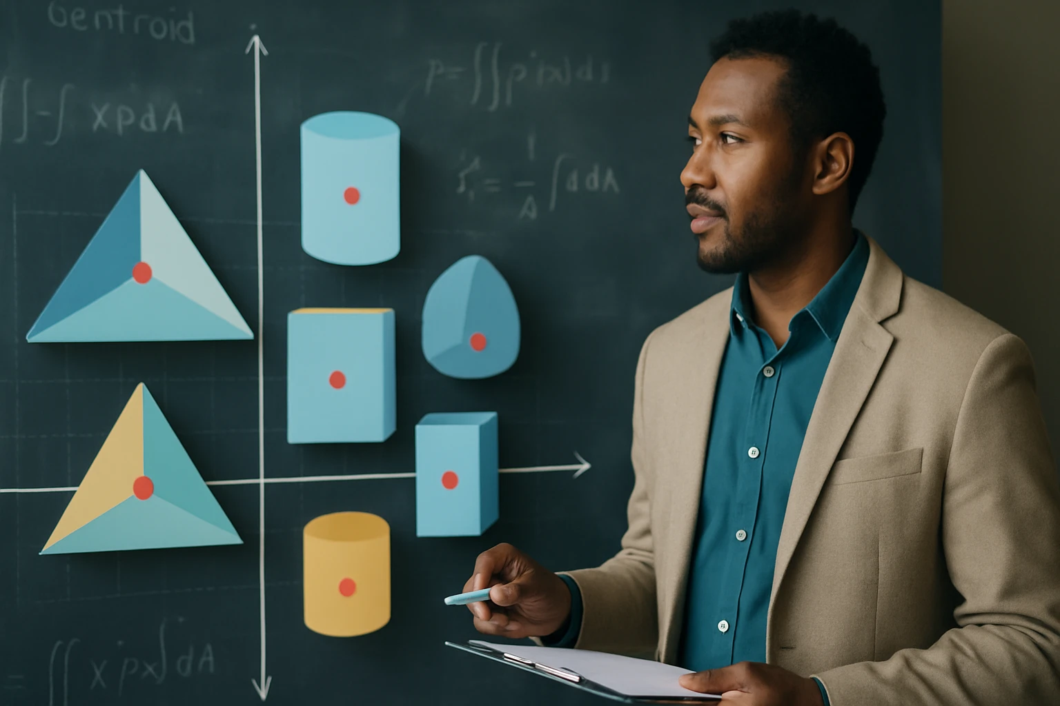 Egy férfi geometriai alakzatokat mutat be egy táblán, miközben jegyzetel.