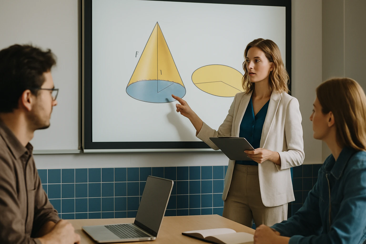 Egy nő matematikai fogalmakat magyaráz egy kivetítőn, geometriai alakzatokkal.