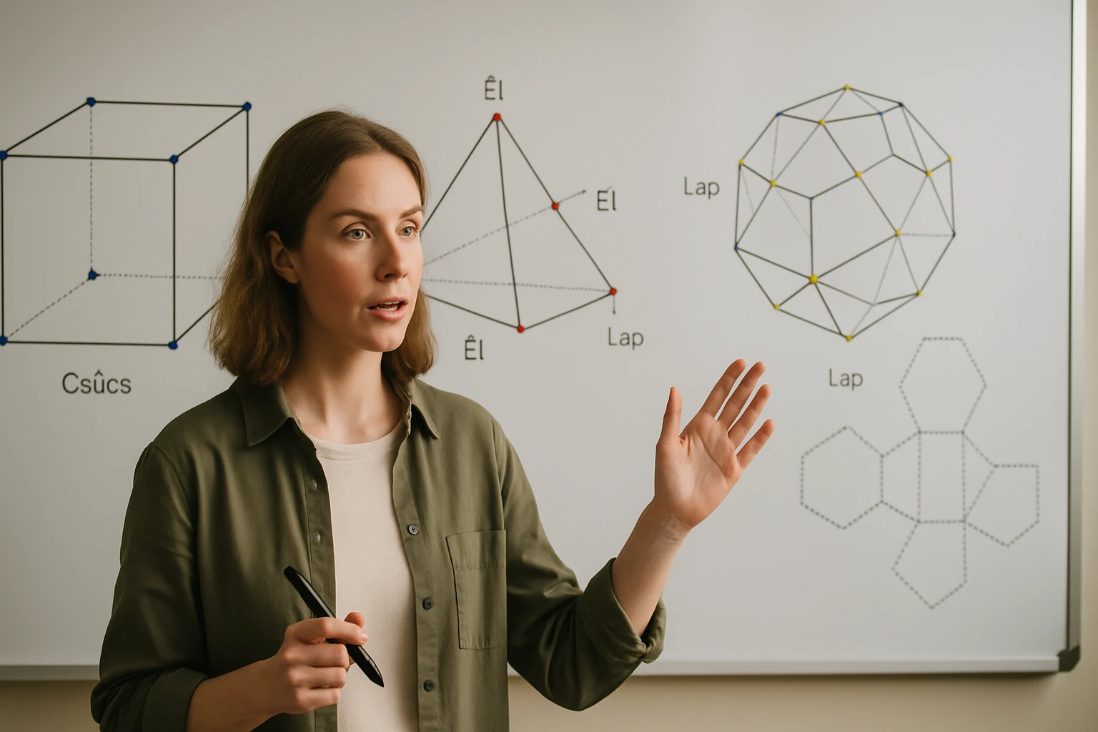 Egy nő matematikai fogalmakat magyaráz egy táblán, geometriai alakzatokkal.