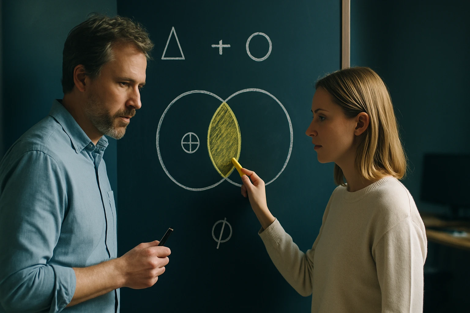 Két ember egy táblán geometriai alakzatokat és halmazokat rajzol.