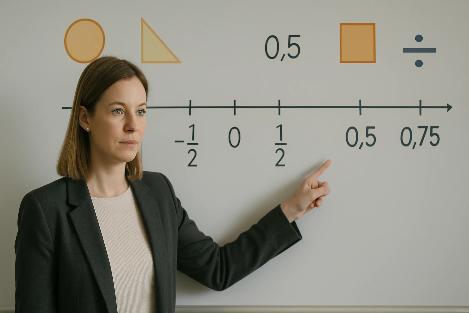 Egy nő mutat a táblán lévő számokra és geometriai alakzatokra.