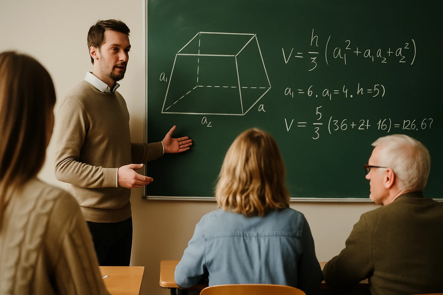 Egy tanár geometriai alakzatot magyaráz a táblán, diákok figyelnek.