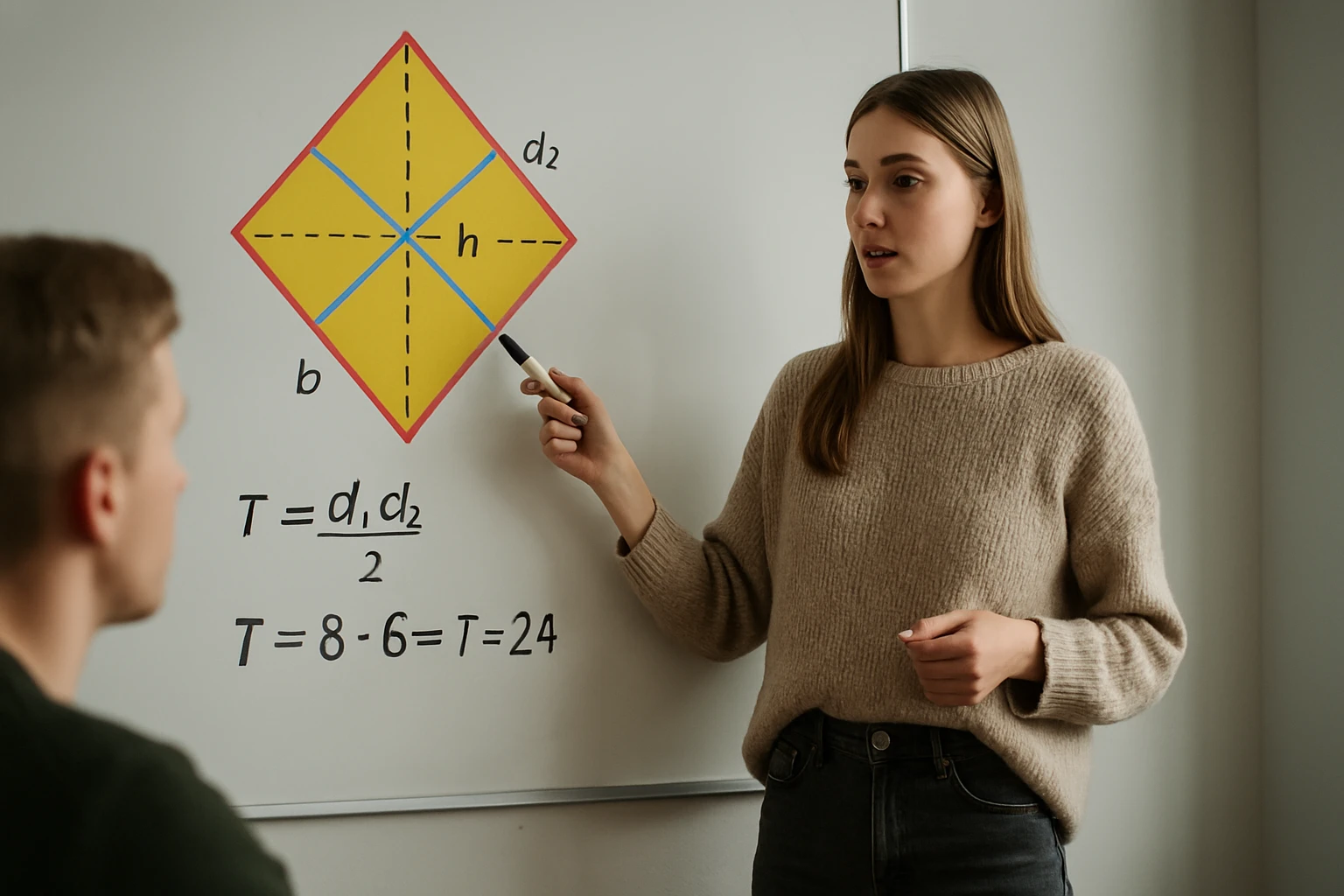Egy nő geometriai képletet magyaráz egy rombusz ábráján, diák figyel.