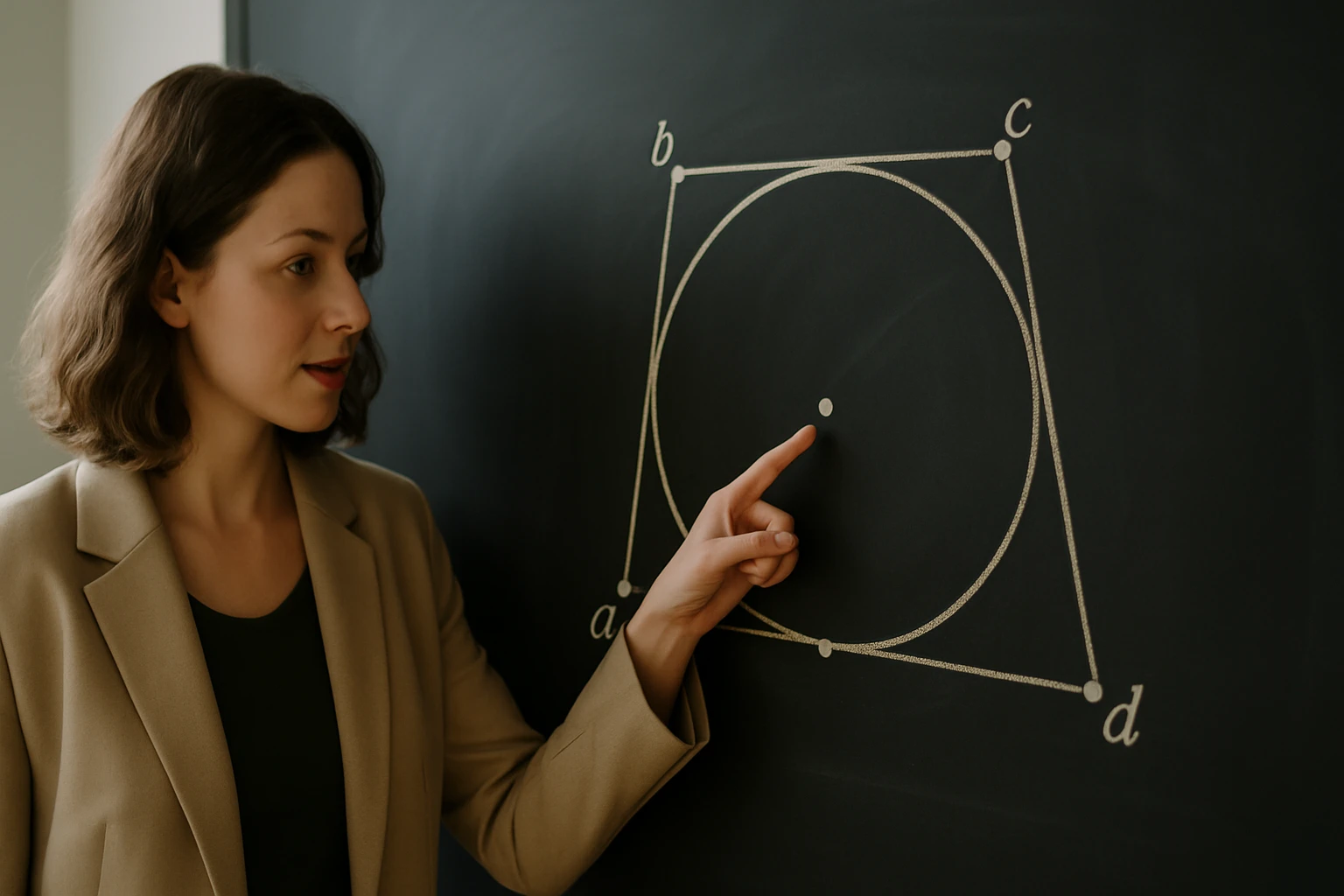 Egy nő a táblán egy kör középpontját mutatja, geometriai alakzatokkal.