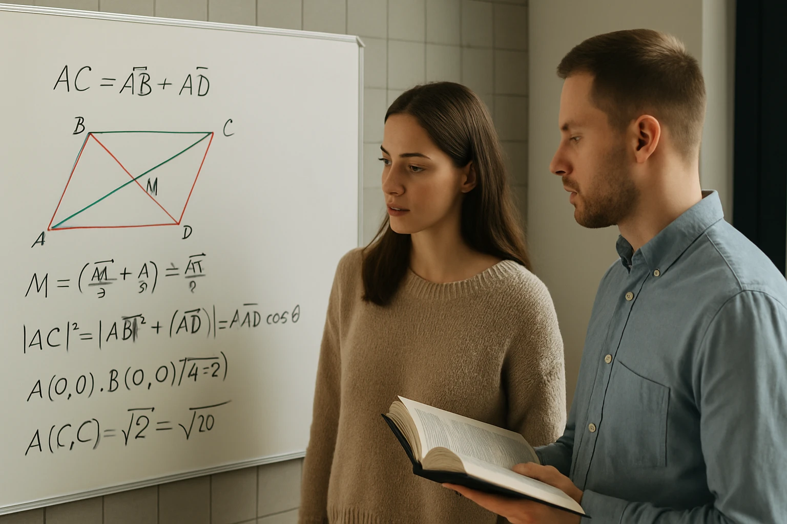 Két fiatal, egy táblán geometriai egyenleteket tanulmányozva, könyvvel a kezükben.