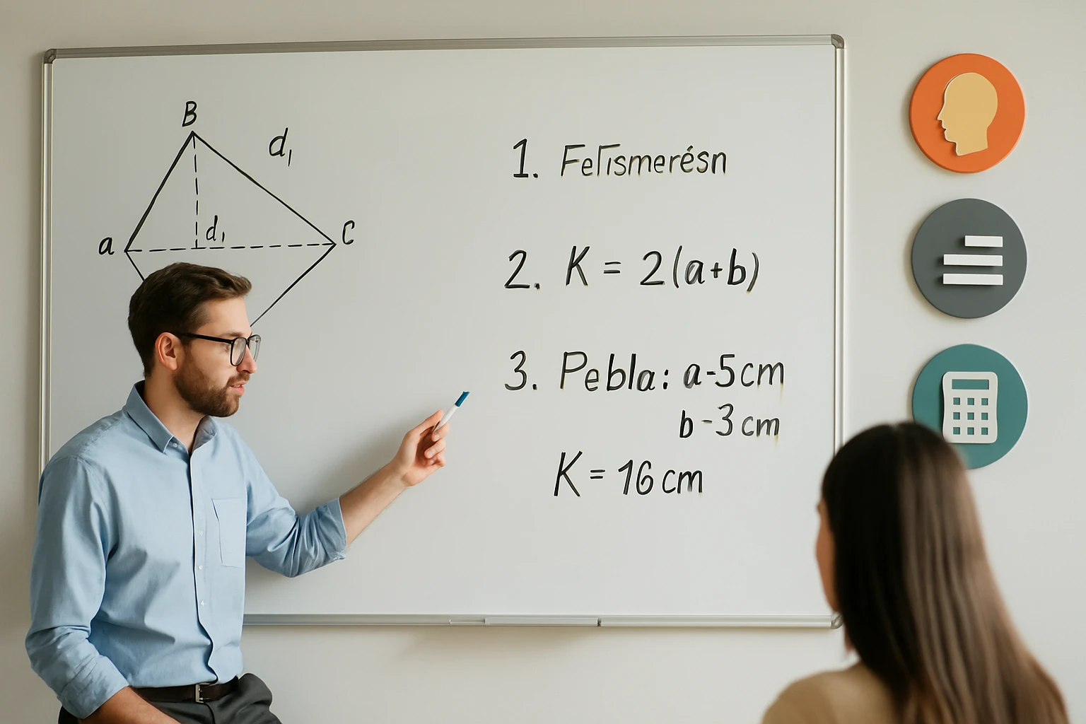 Egy tanár geometriai feladatot magyaráz egy diák előtt, táblán.