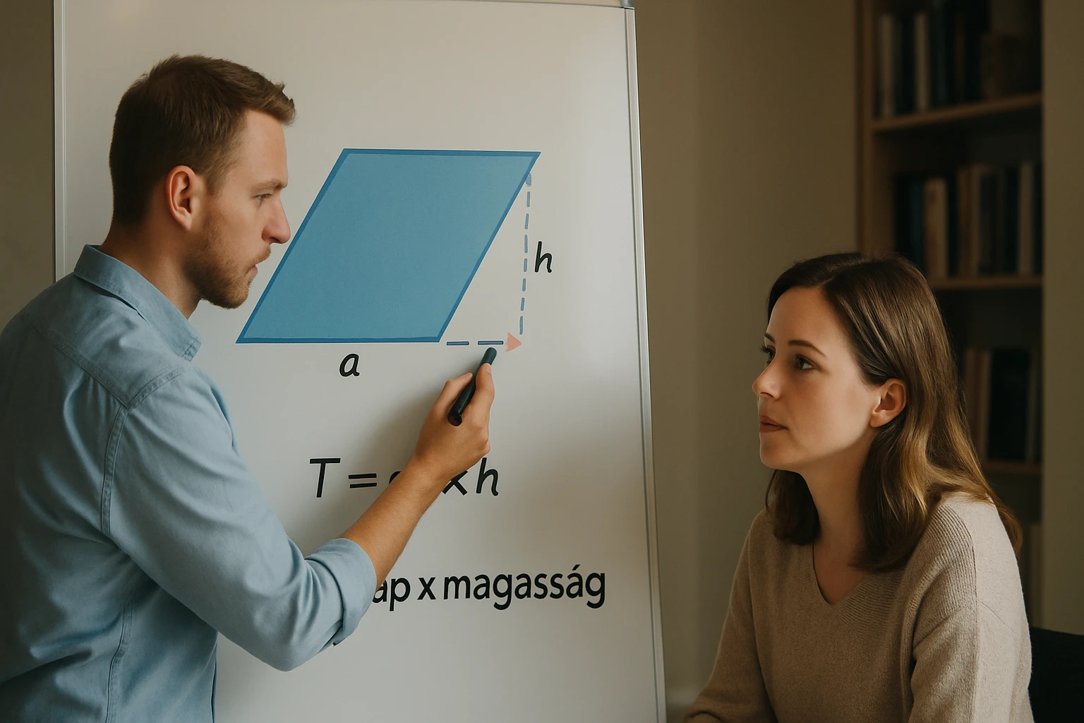 Egy férfi geometriai ábrát magyaráz egy nőnek, a táblán rombusz látható.
