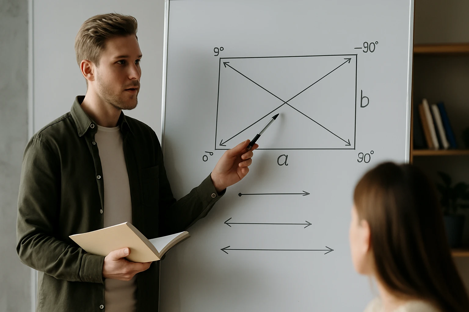 Egy férfi matematikai fogalmakat magyaráz egy táblán, geometriai ábrával.