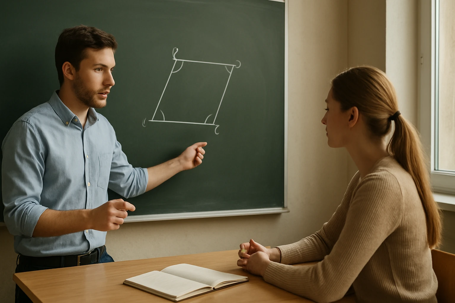 Egy férfi geometriai ábrát magyaráz egy nőnek az osztályteremben.