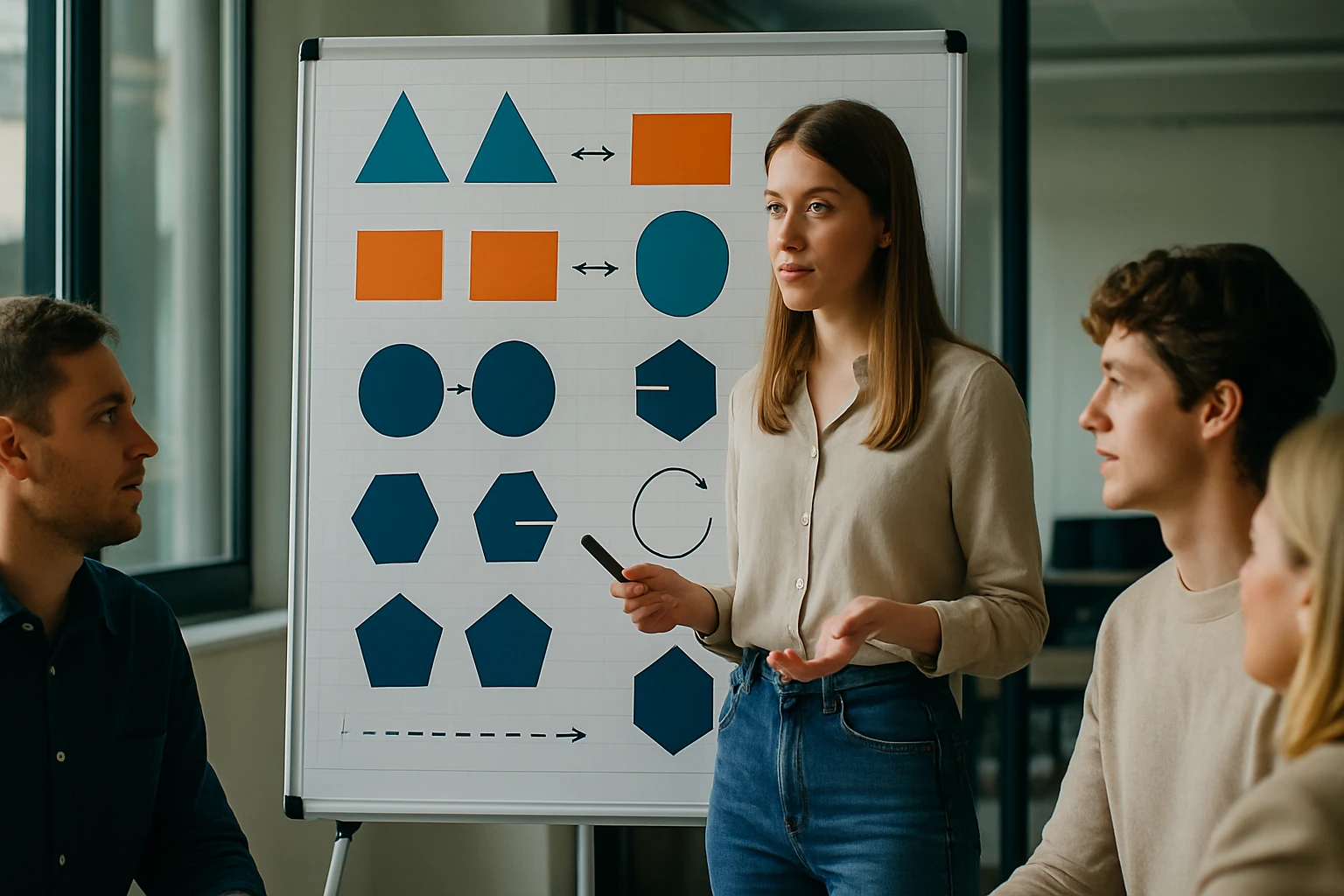 Egy fiatal nő geometriai formákat mutat be egy táblán, míg a hallgatóság figyel.