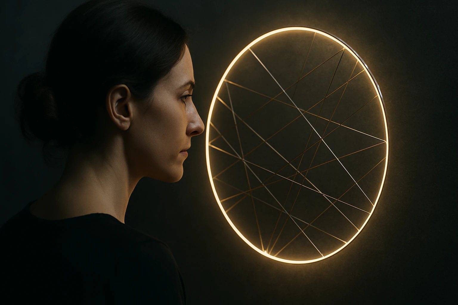 Egy nő profilja látható, aki egy geometriai formákat ábrázoló világító körre néz.