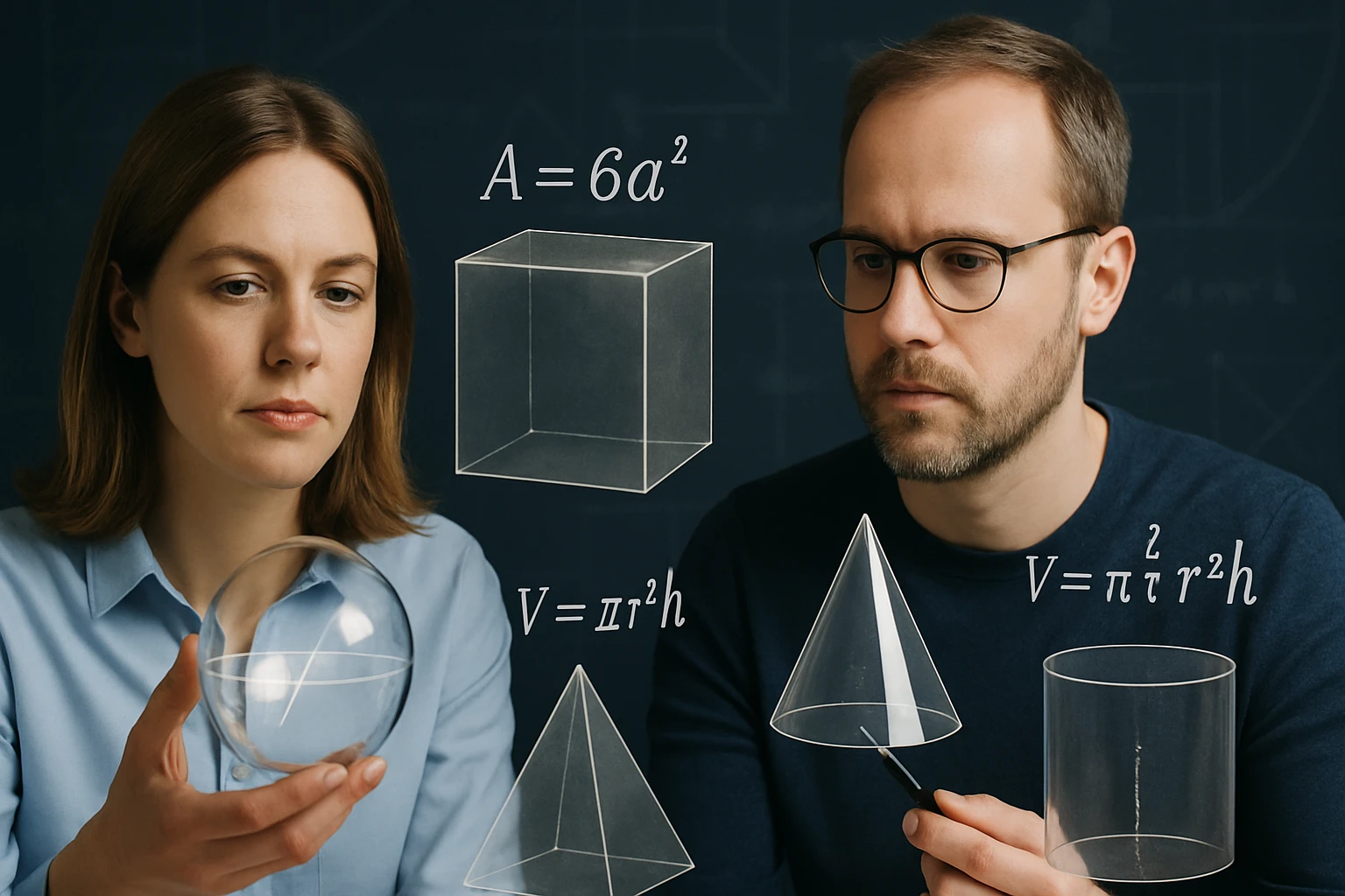 Két ember geometriai formákat és matematikai képleteket vizsgál, mint például a térfogat és terület számítás.