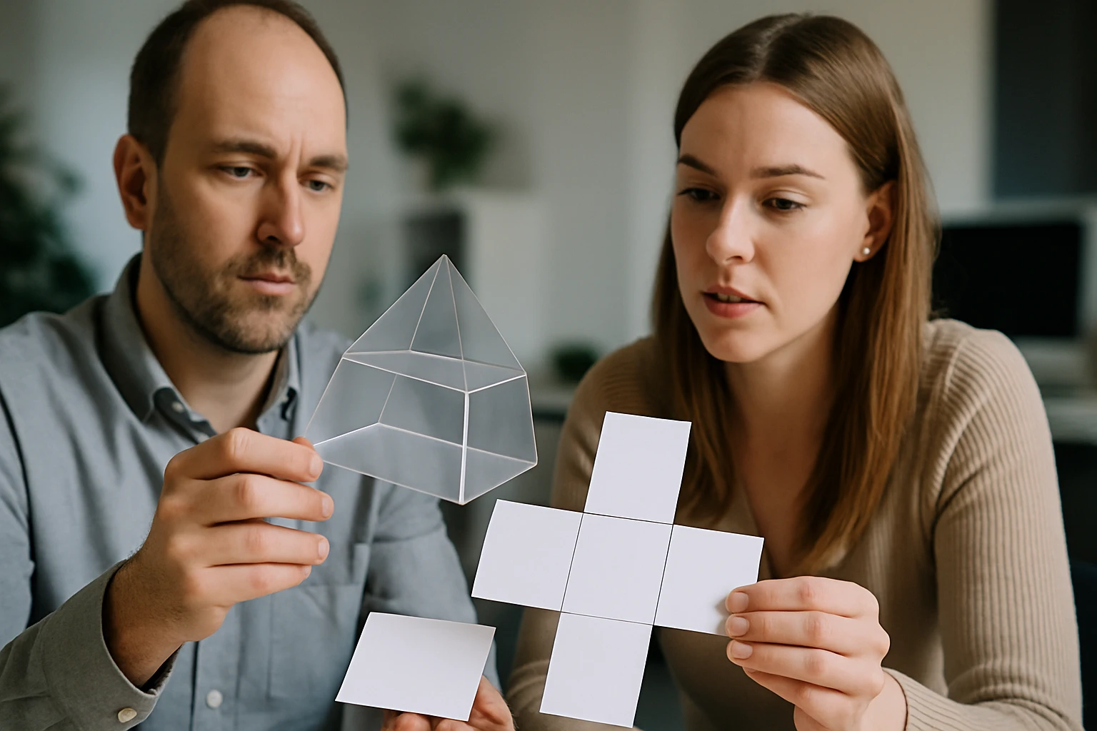 Két ember geometriai formákat vizsgál, egy piramist és papírdarabokat tartanak a kezükben.