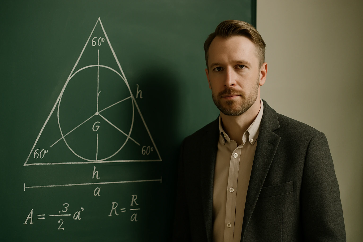 Egy férfi áll egy zöld táblán, amelyen geometriai ábrák és képletek láthatók.