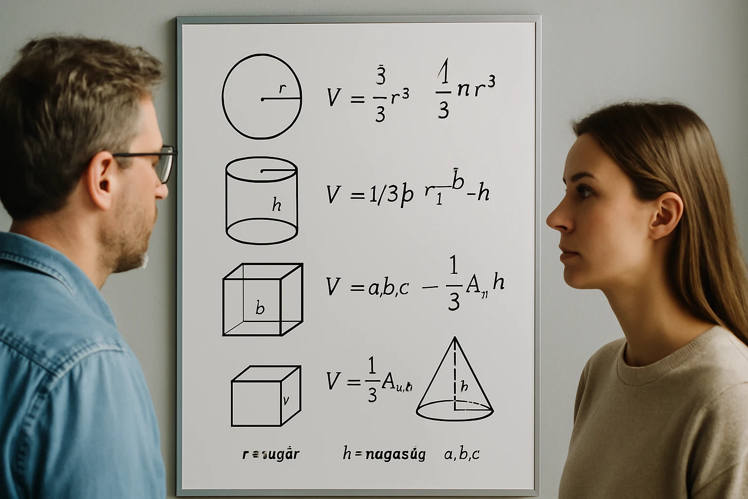 Két ember néz egy táblára, amelyen geometriai képletek láthatók.