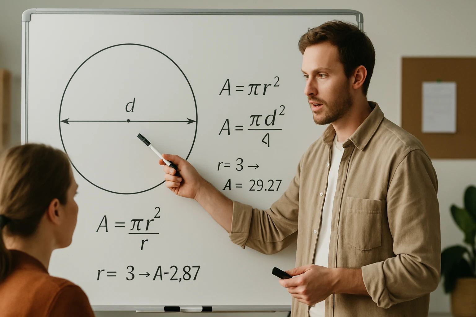 Egy tanár geometriai képleteket magyaráz egy diák előtt, a táblán kör és terület számítás.