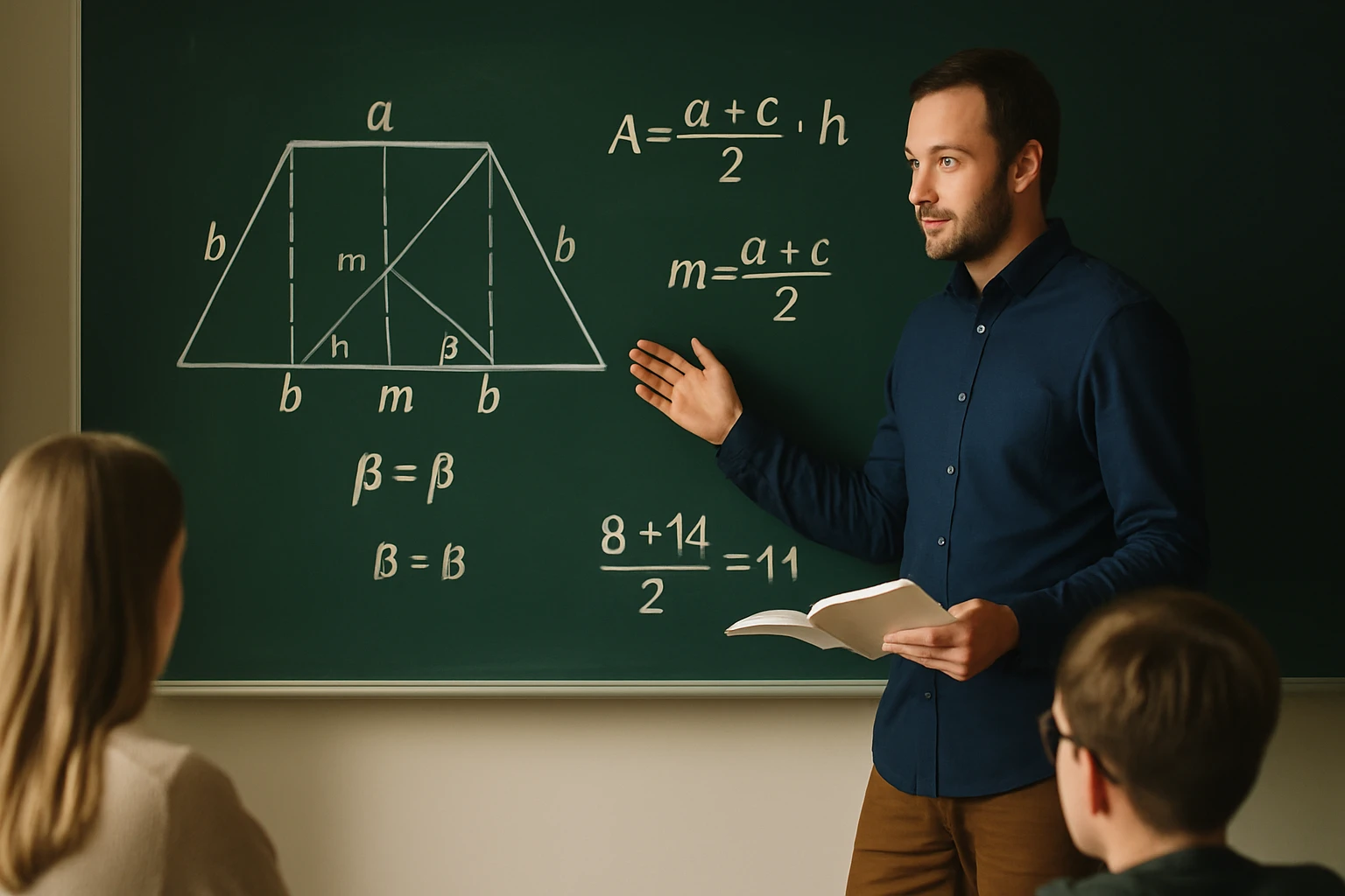 Egy tanár geometriai képletet magyaráz egy táblán, diákok figyelnek.