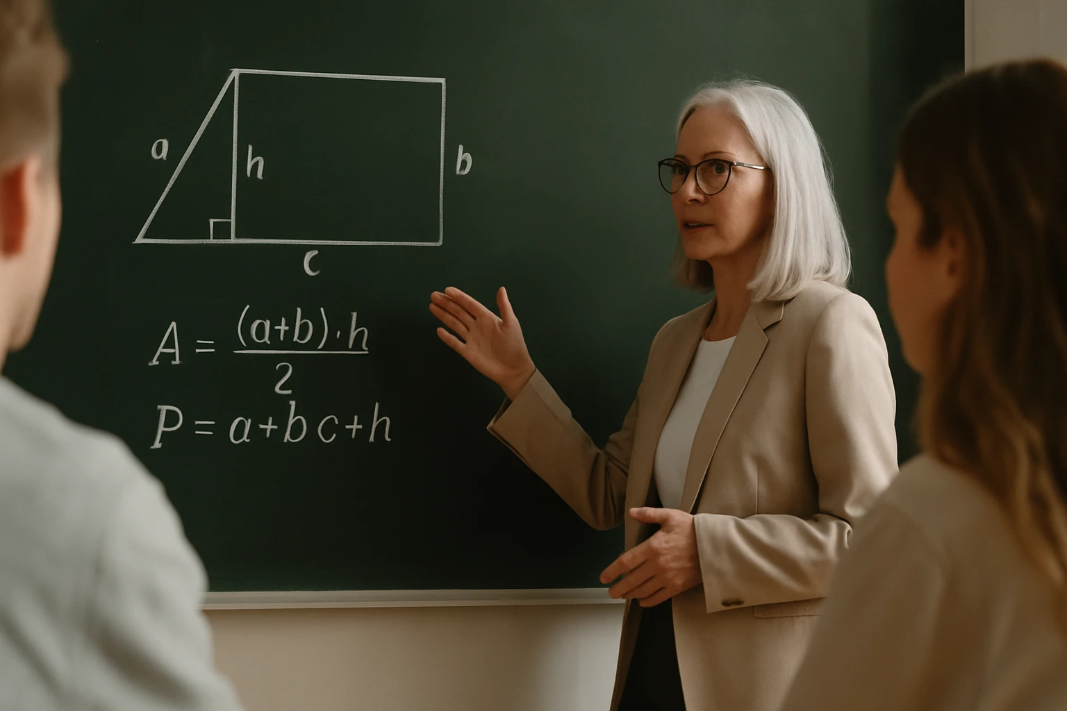 Egy tanárnő geometriai képleteket magyaráz a táblánál, diákok figyelnek.