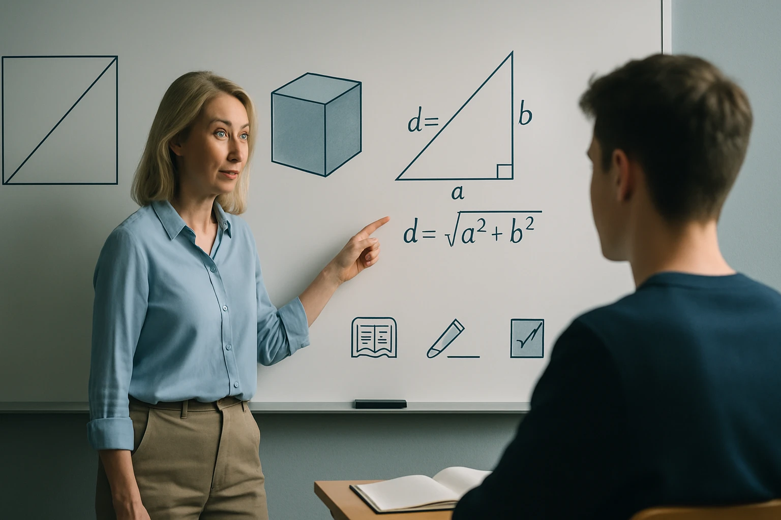 Egy tanár geometriai képleteket magyaráz egy diák előtt, a táblán ábrákkal.