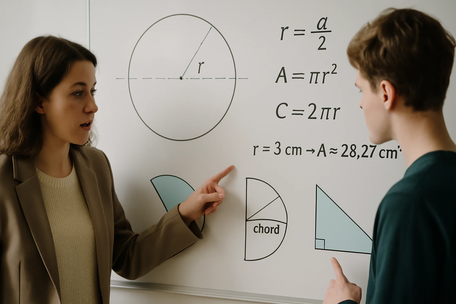 Egy tanár és diák geometriai képleteket magyaráz egy táblán.